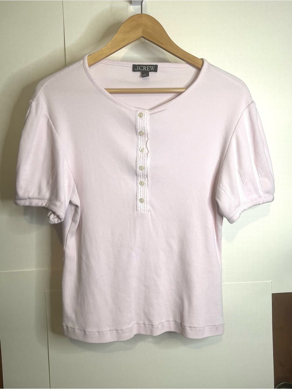 J.Crew Women’s Size XL Perfect Ribbed Puff Sleeve Henley Top in Light Pink